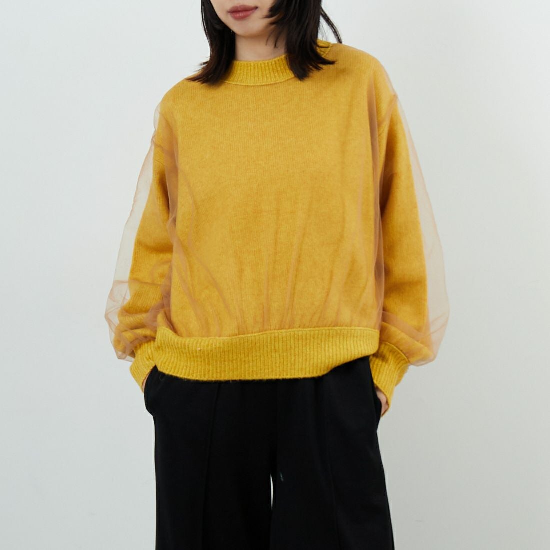 WHYTO. [ホワイト] チュールレイヤードニット [WHT25FKN4040] YELLOW &&モデル身長：162cm 着用サイズ：F&&