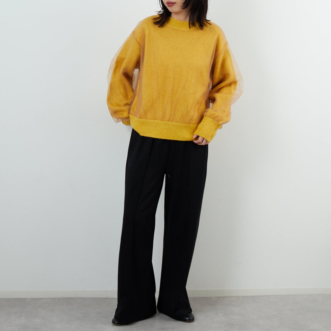 WHYTO. [ホワイト] チュールレイヤードニット [WHT25FKN4040] YELLOW &&モデル身長：162cm 着用サイズ：F&&