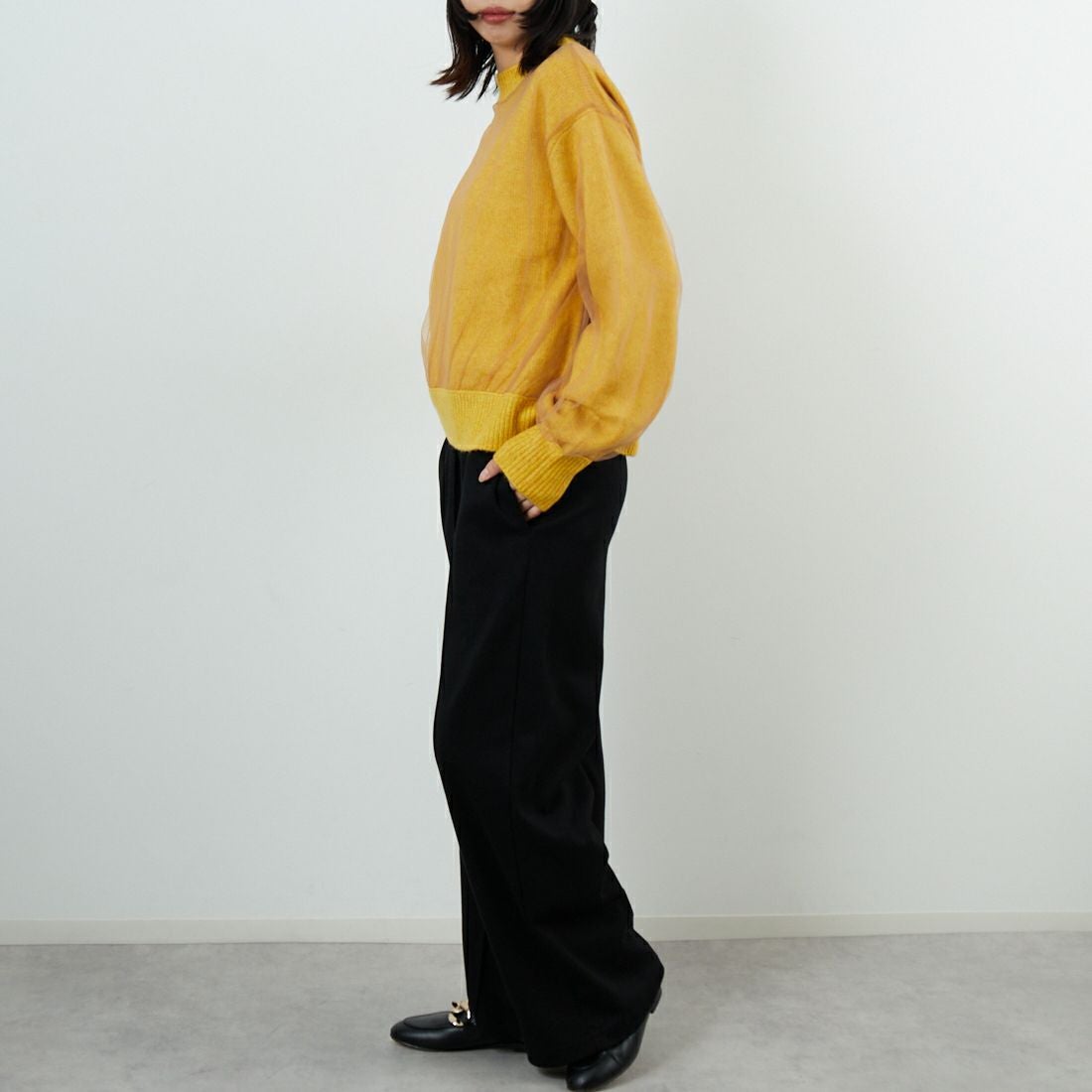 WHYTO. [ホワイト] チュールレイヤードニット [WHT25FKN4040] YELLOW &&モデル身長：162cm 着用サイズ：F&&