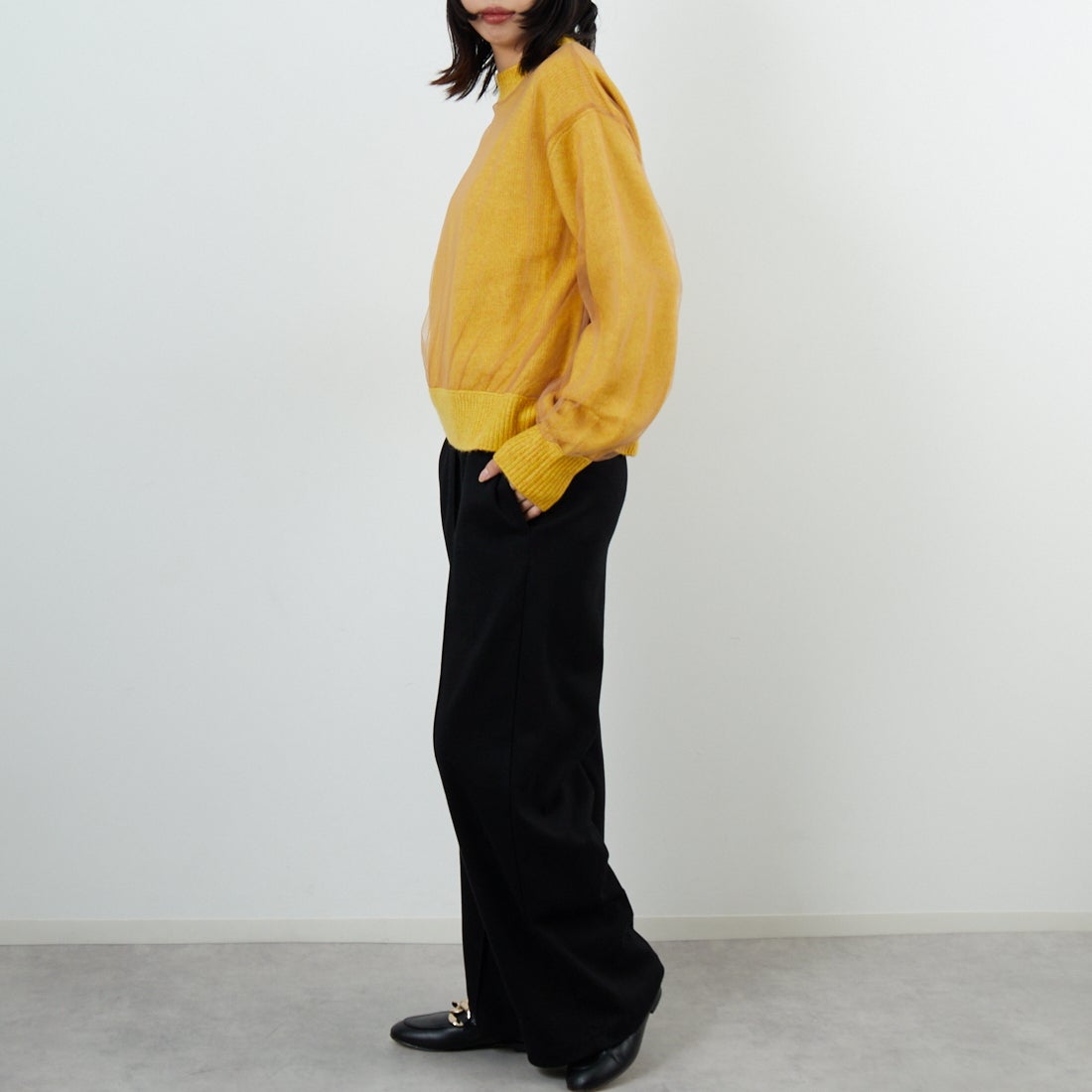 WHYTO. [ホワイト] チュールレイヤードニット [WHT25FKN4040] YELLOW &&モデル身長：162cm 着用サイズ：F&&