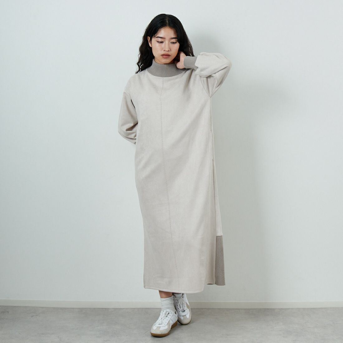 Jf Ready Made [ジェイエフレディメイド] スエードリブモックネックワンピース [3225611] ｸﾞﾚｰﾍﾞｰｼﾞｭ &&モデル身長：162cm 着用サイズ：F&&