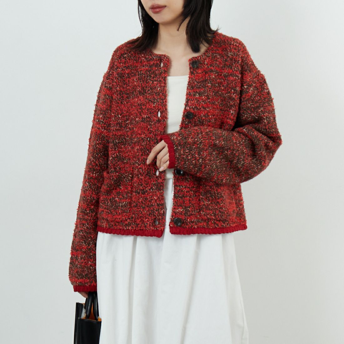 WHYTO. [ホワイト] ミックステープヤーンニットジャケット [WHT25FKN4036] RED &&モデル身長：162cm 着用サイズ：F&&