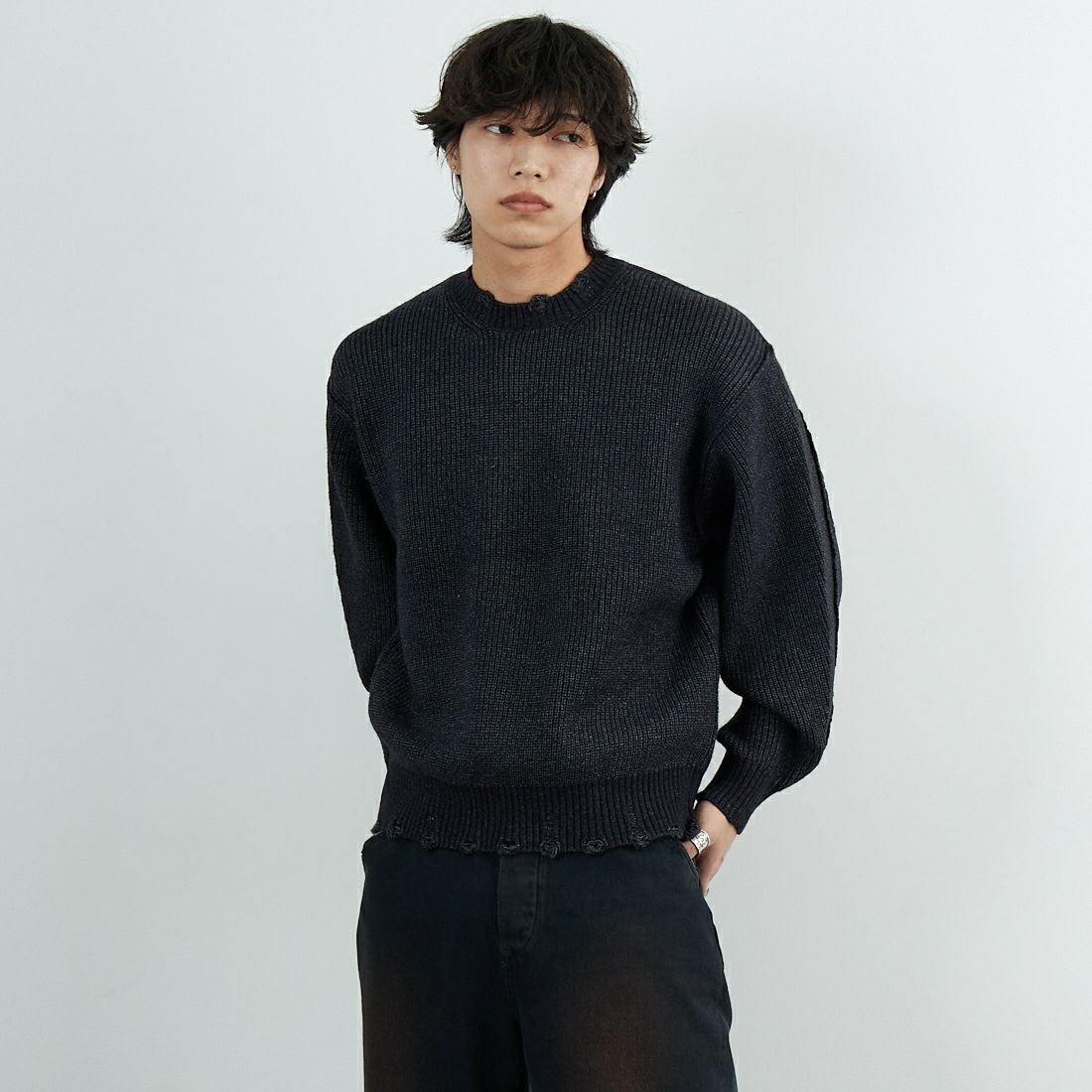 SLICK [スリック] マイクロヤーン クルーネックダメージニット