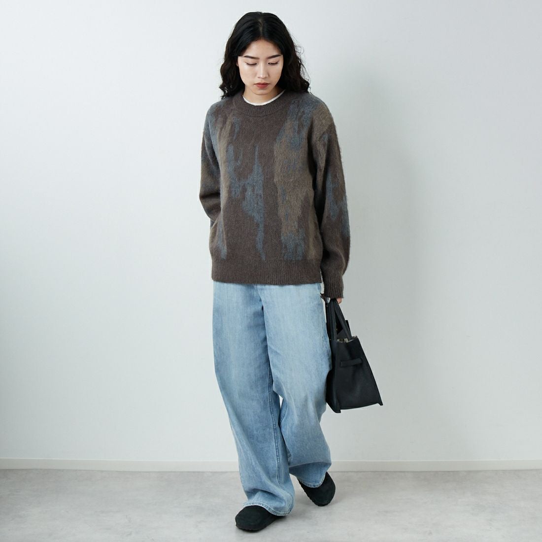 SLICK [スリック] シャギーモヘア アブストラクトジャガードプルオーバー [5151058] 500 BROWN &&モデル身長：162cm 着用サイズ：0&&