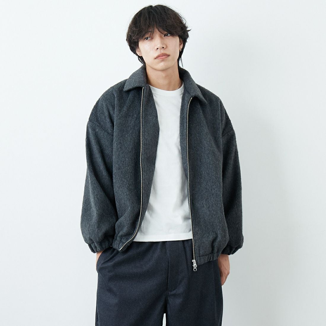 SLICK [スリック] シャギーメルトンジップアップブルゾン [5111062] 805 CHARCO &&モデル身長：179cm 着用サイズ：1&&