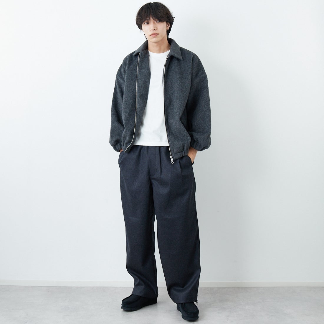 SLICK [スリック] シャギーメルトンジップアップブルゾン [5111062] 805 CHARCO &&モデル身長：179cm 着用サイズ：1&&