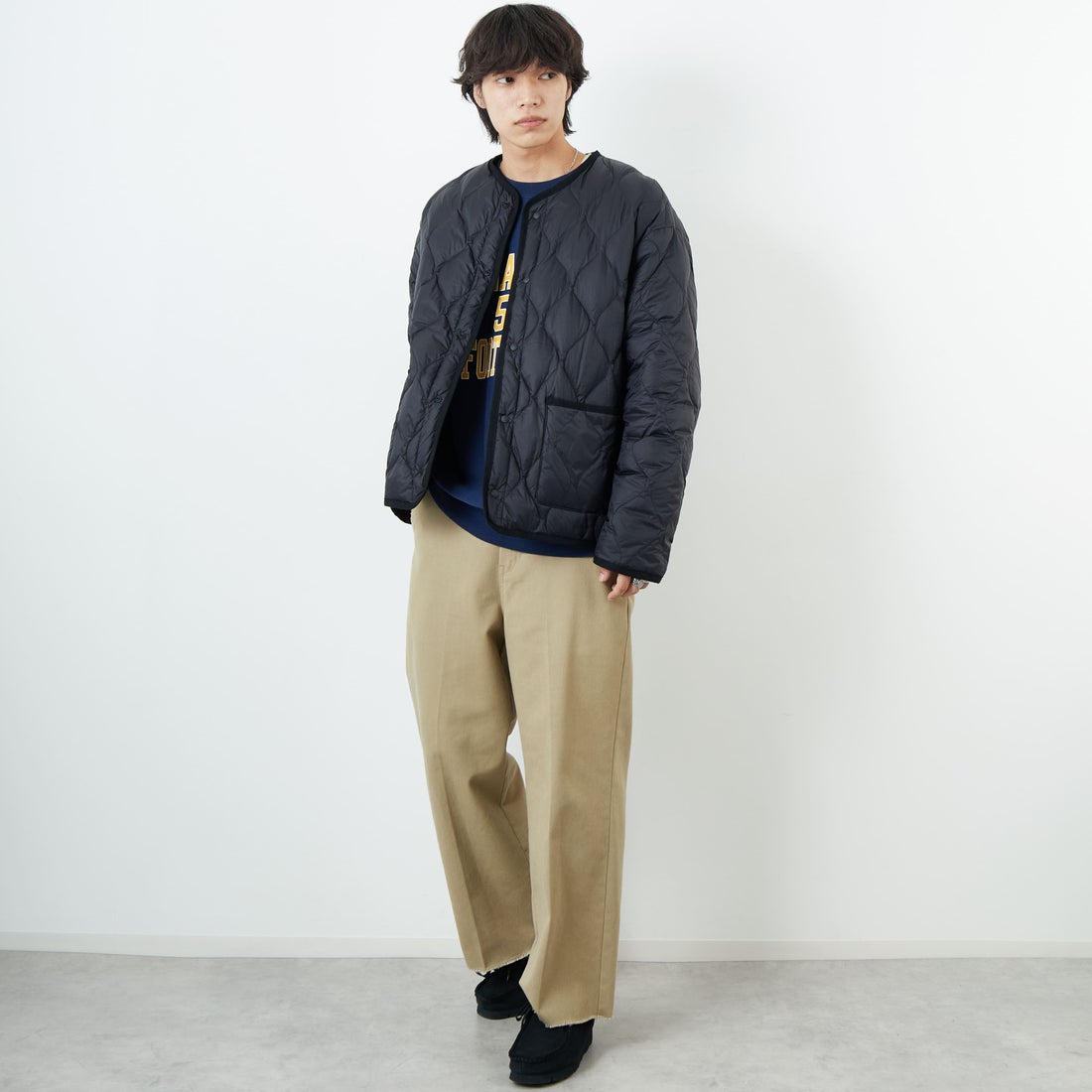 TAION [タイオン] 別注 リバーシブル ライトダウンジャケット [TAION-JF001] BLACK &&モデル身長：179cm 着用サイズ：L&&