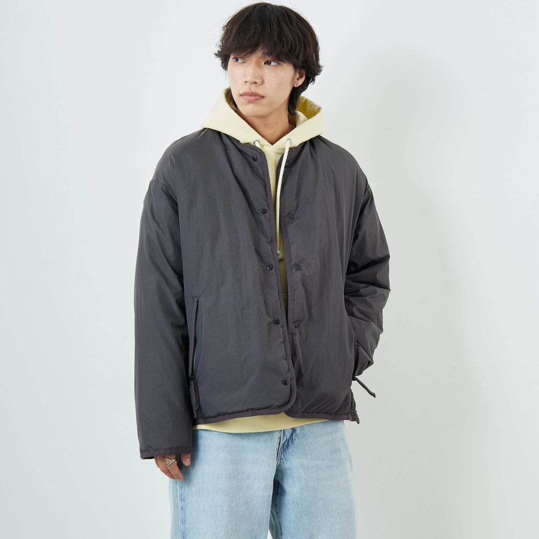 TAION [タイオン] 別注 リバーシブル ライトダウンジャケット [TAION-JF001] D.CHARCOAL &&モデル身長：179cm 着用サイズ：L&&