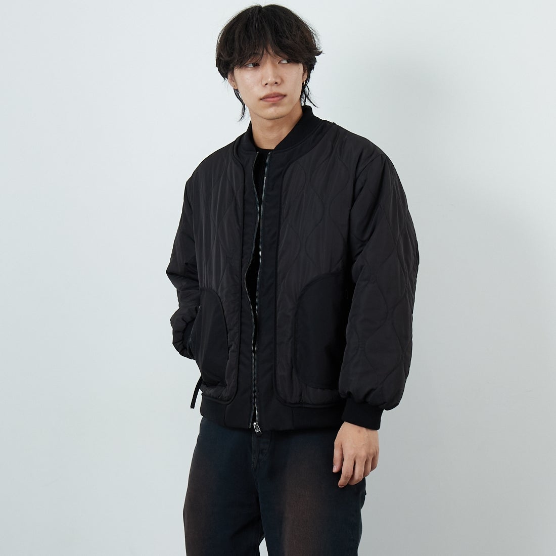 HELLO CALIF [ハローカリフ] キルティングボンバージャケット [511002IN] BLACK &&モデル身長：179cm 着用サイズ：M&&