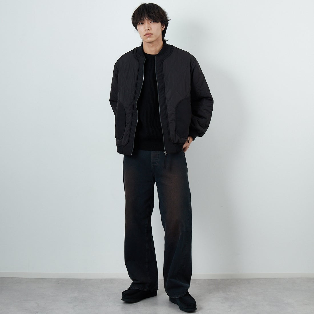 HELLO CALIF [ハローカリフ] キルティングボンバージャケット [511002IN] BLACK &&モデル身長：179cm 着用サイズ：M&&