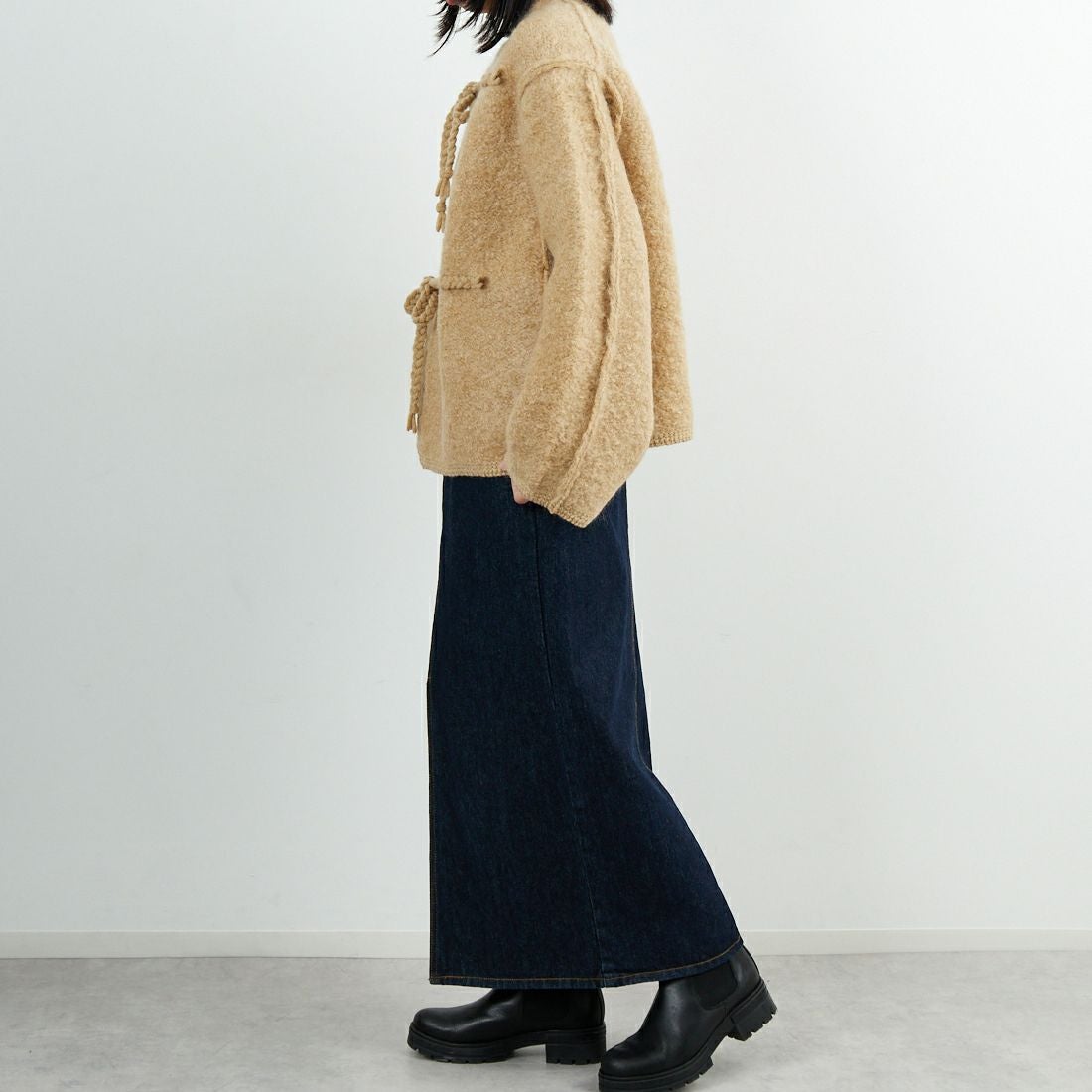 UNFIL [アンフィル] モヘア&シェットランドウール ジャンボループニットジャケット [WVFL-UW130] CAMEL &&モデル身長：162cm 着用サイズ：1&&