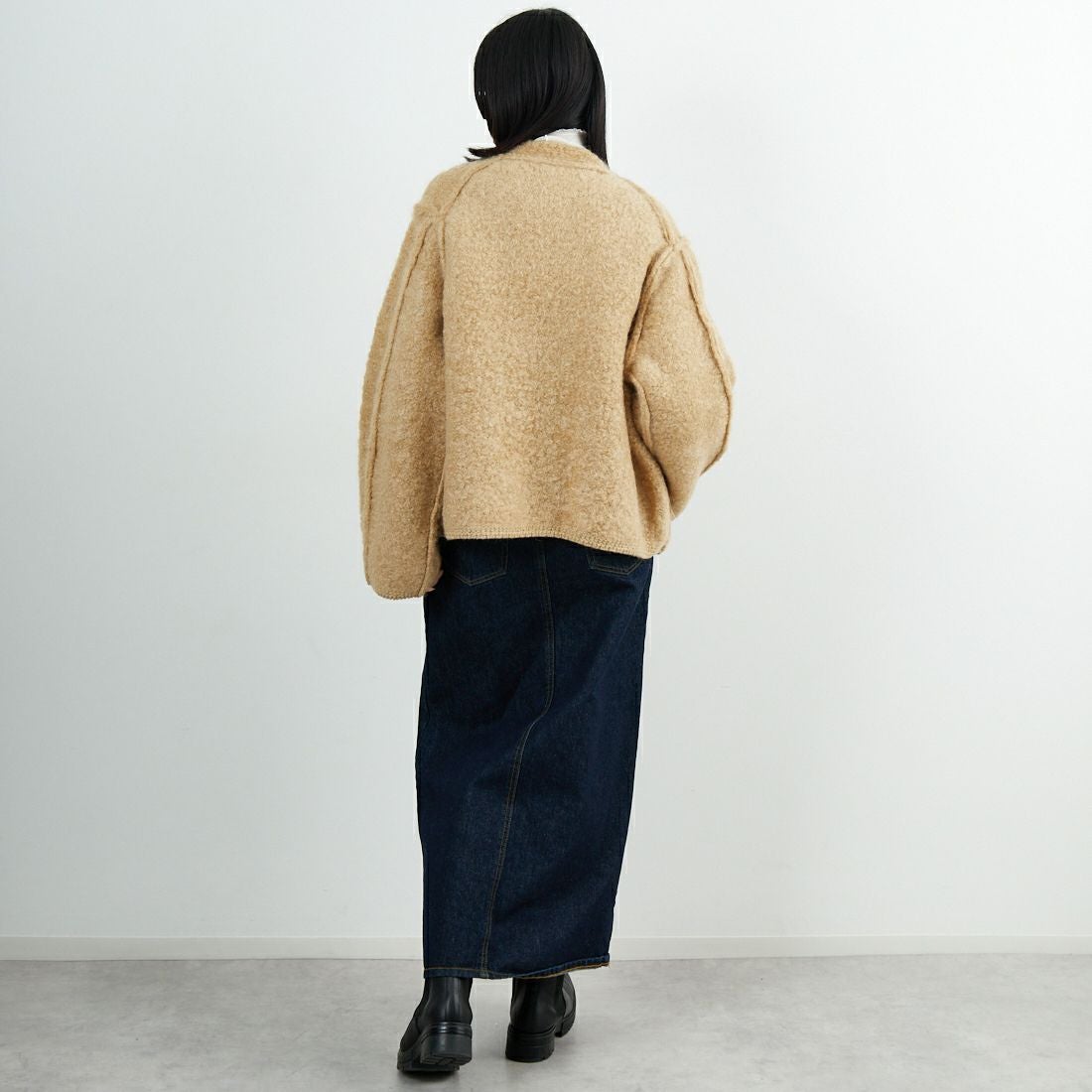 UNFIL [アンフィル] モヘア&シェットランドウール ジャンボループニットジャケット [WVFL-UW130] CAMEL &&モデル身長：162cm 着用サイズ：1&&