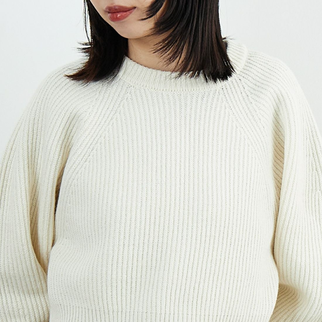 UNFIL [アンフィル] ウーレンコットン&EXファインラムウール リブニットプルオーバー [WVFL-UW123] OFF WHITE &&モデル身長：162cm 着用サイズ：1&&