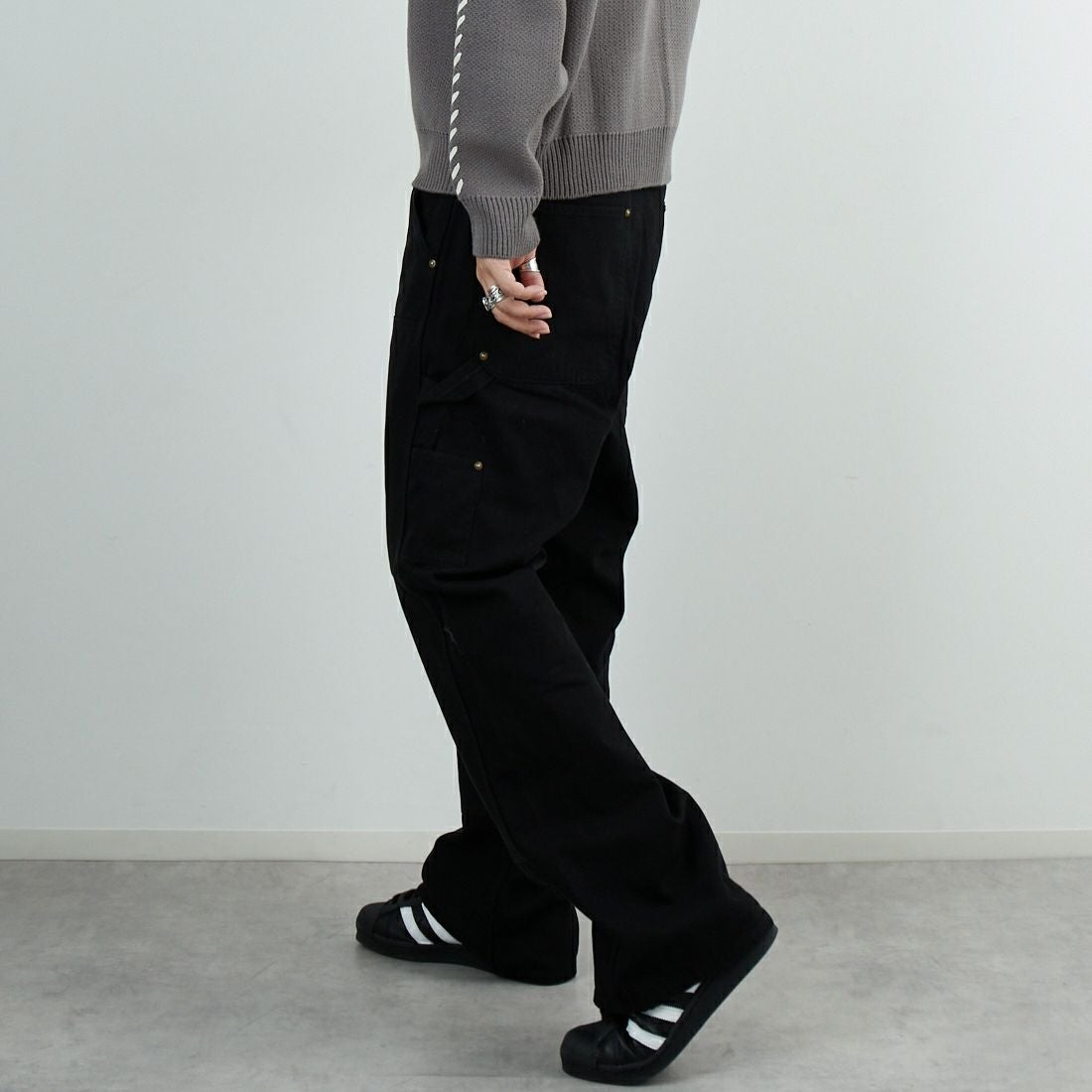 South2West8 [サウスツーウエストエイト] コットンキャンバス ダブルニーペインターパンツ [RW588] C BLACK &&モデル身長：179cm 着用サイズ：L&&