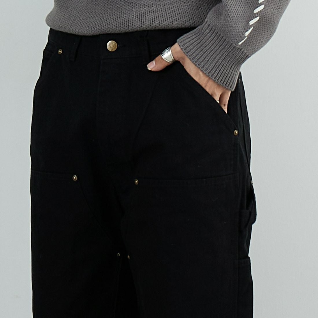 South2West8 [サウスツーウエストエイト] コットンキャンバス ダブルニーペインターパンツ [RW588] C BLACK &&モデル身長：179cm 着用サイズ：L&&