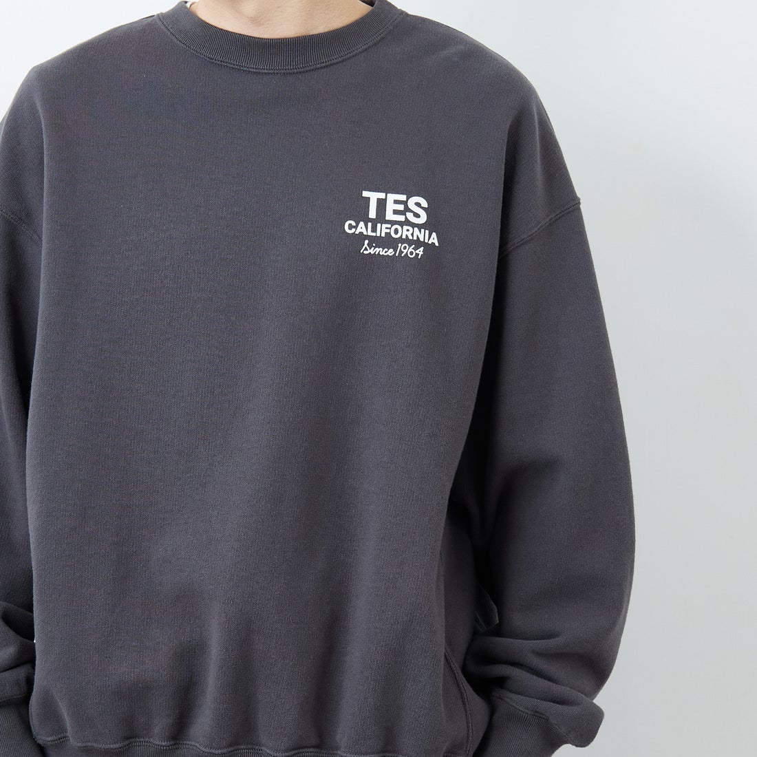 The Endless Summer [エンドレスサマー] 別注 BUHIダック バックプリントスウェット [FH-25774501-JF] CHARCOAL &&モデル身長：168cm 着用サイズ：L&&