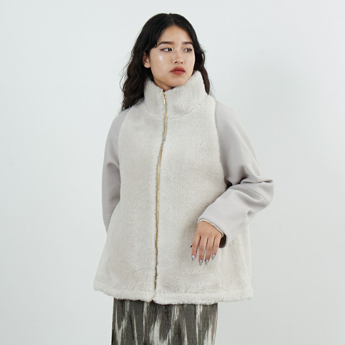 Jeans Factory Clothes [ジーンズファクトリークローズ] ボアウール切替コート [785749] 11 Lｸﾞﾚｰ &&モデル身長：162cm 着用サイズ：F&&