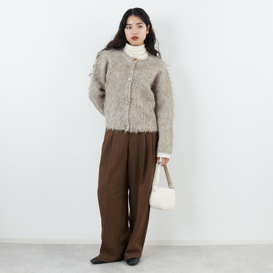 Jeans Factory Clothes [ジーンズファクトリークローズ] 2WAYロングシャギーニット [650118] 116 ｸﾞﾚｰｼﾞ &&モデル身長：162cm 着用サイズ：F&&