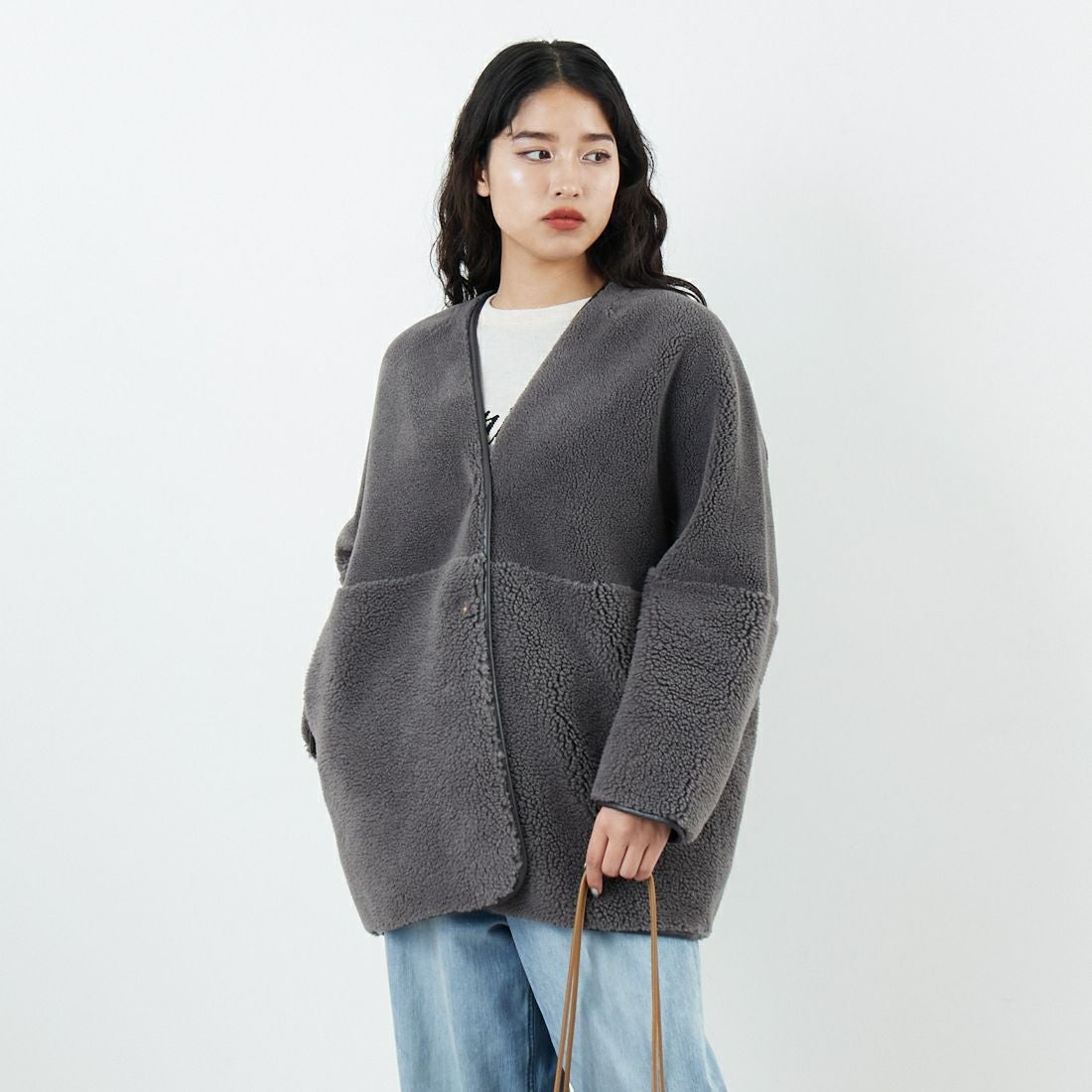 Jeans Factory Clothes [ジーンズファクトリークローズ] ボアスエードリバーシブルコート [275-38775] 08 ﾁｬｺｰﾙ &&モデル身長：162cm 着用サイズ：F&&