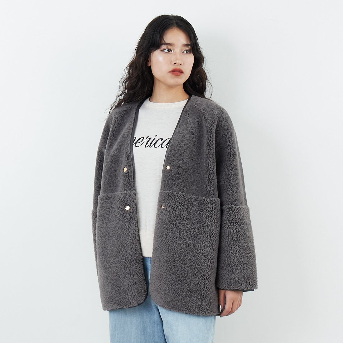 Jeans Factory Clothes [ジーンズファクトリークローズ] ボアスエードリバーシブルコート [275-38775] 08 ﾁｬｺｰﾙ &&モデル身長：162cm 着用サイズ：F&&