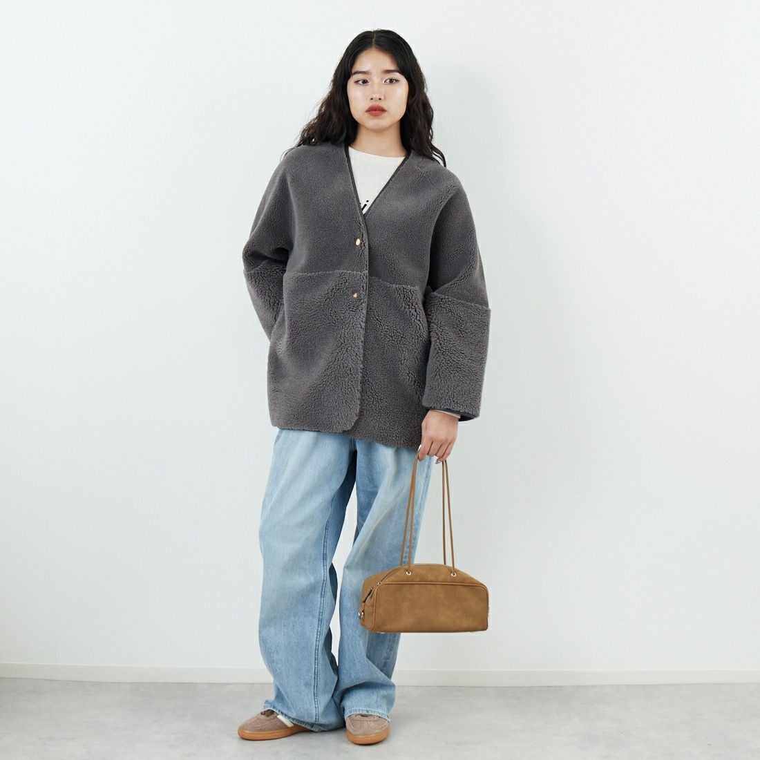 Jeans Factory Clothes [ジーンズファクトリークローズ] ボアスエードリバーシブルコート [275-38775] 08 ﾁｬｺｰﾙ &&モデル身長：162cm 着用サイズ：F&&