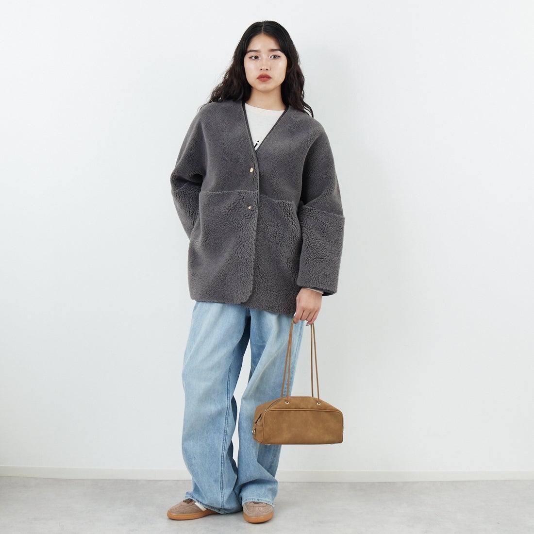 Jeans Factory Clothes [ジーンズファクトリークローズ] ボアスエードリバーシブルコート [275-38775] 08 ﾁｬｺｰﾙ &&モデル身長：162cm 着用サイズ：F&&