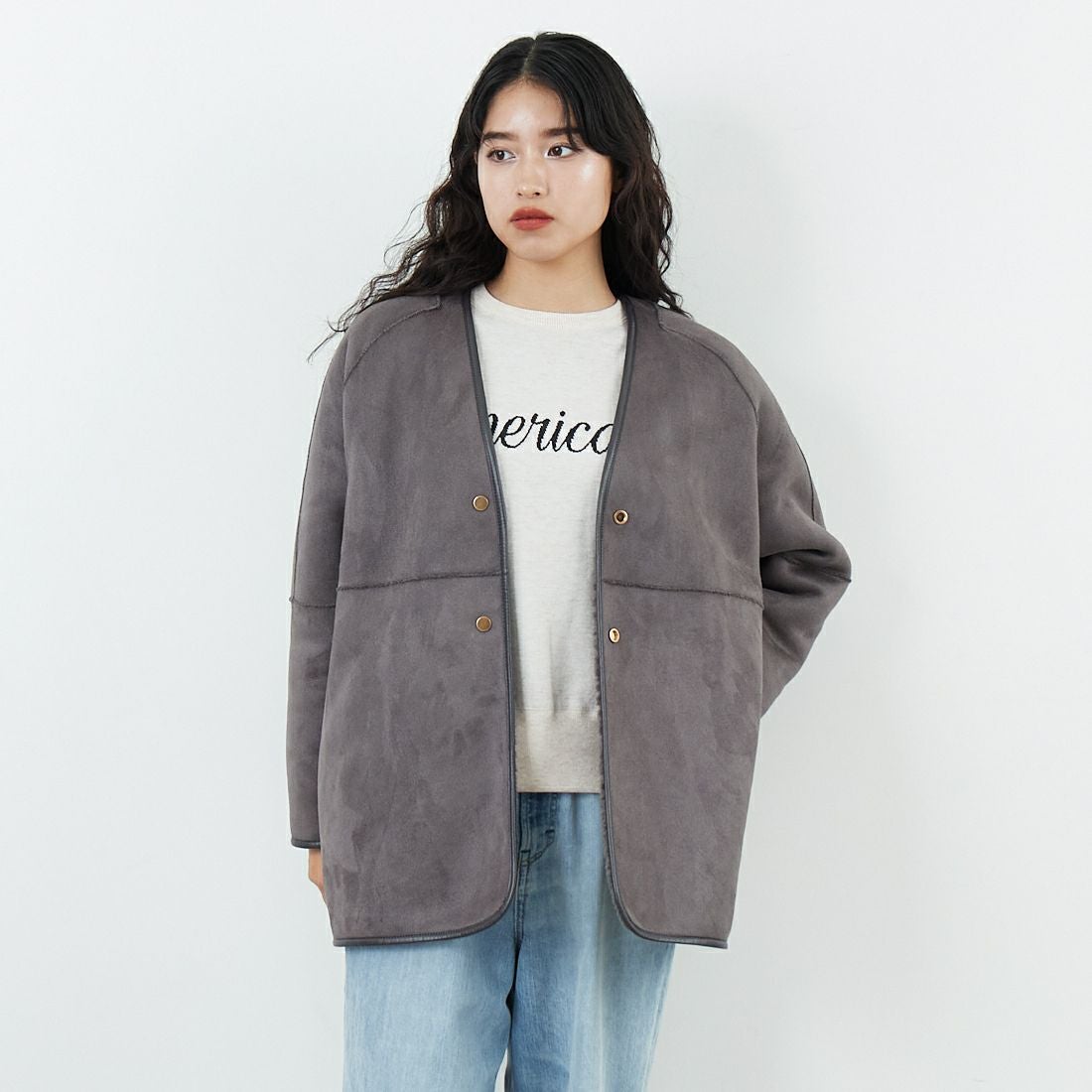 Jeans Factory Clothes [ジーンズファクトリークローズ] ボアスエードリバーシブルコート [275-38775] 08 ﾁｬｺｰﾙ &&モデル身長：162cm 着用サイズ：F&&