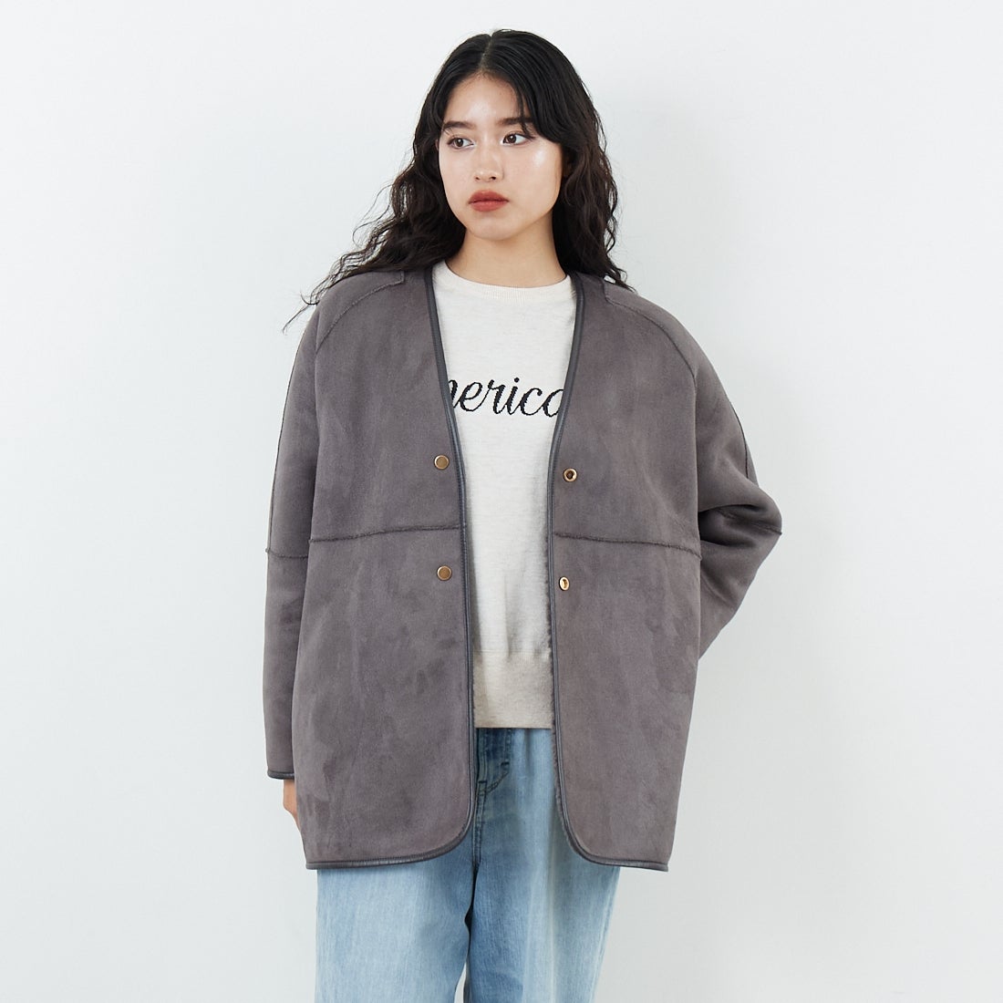 Jeans Factory Clothes [ジーンズファクトリークローズ] ボアスエードリバーシブルコート [275-38775] 08 ﾁｬｺｰﾙ &&モデル身長：162cm 着用サイズ：F&&