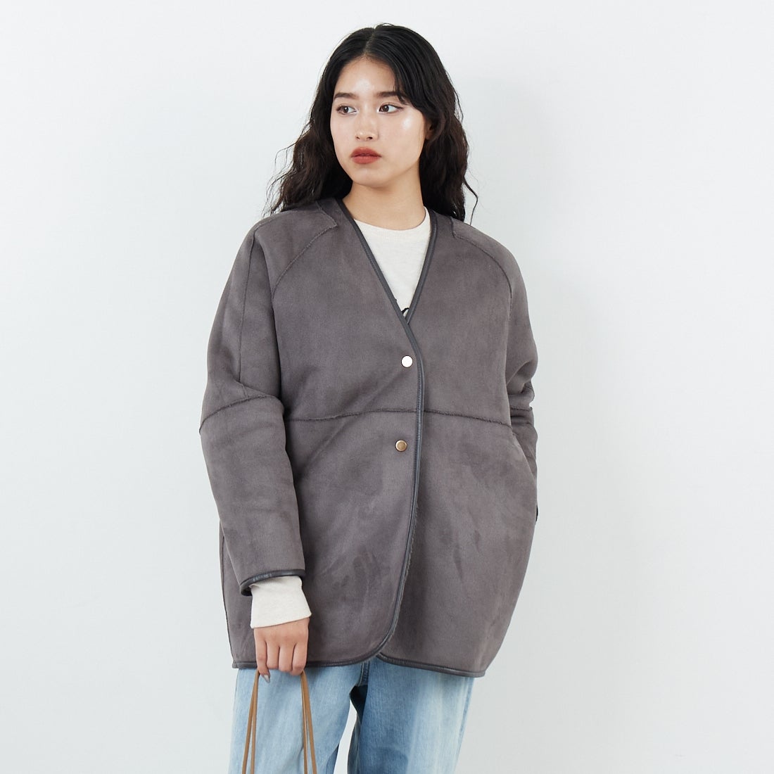 Jeans Factory Clothes [ジーンズファクトリークローズ] ボアスエードリバーシブルコート [275-38775] 08 ﾁｬｺｰﾙ &&モデル身長：162cm 着用サイズ：F&&