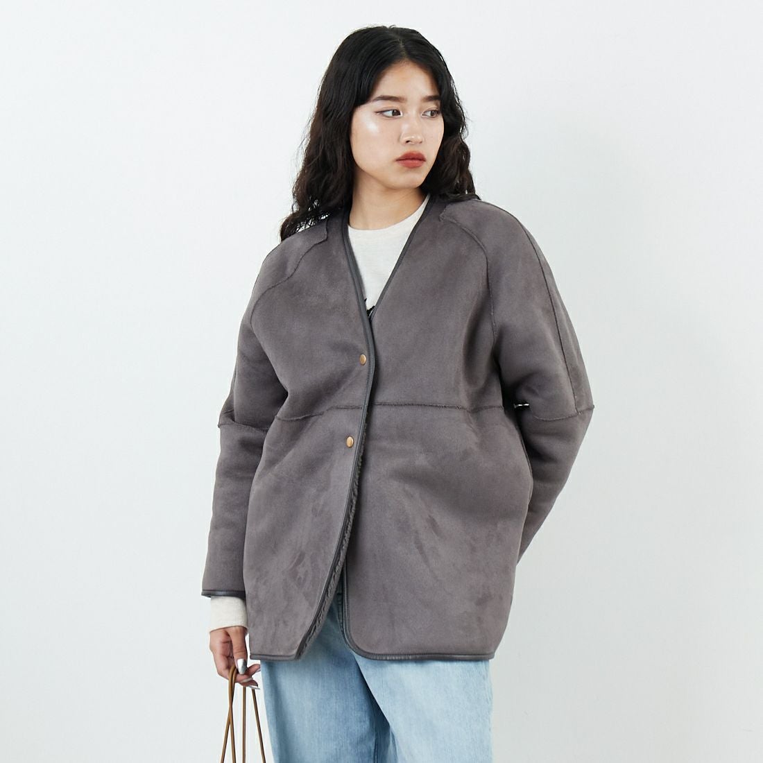 Jeans Factory Clothes [ジーンズファクトリークローズ] ボアスエードリバーシブルコート [275-38775] 08 ﾁｬｺｰﾙ &&モデル身長：162cm 着用サイズ：F&&