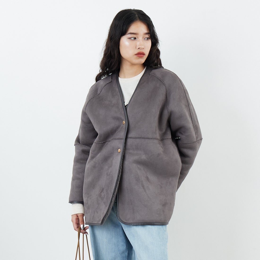 Jeans Factory Clothes [ジーンズファクトリークローズ] ボアスエードリバーシブルコート [275-38775] 08 ﾁｬｺｰﾙ &&モデル身長：162cm 着用サイズ：F&&