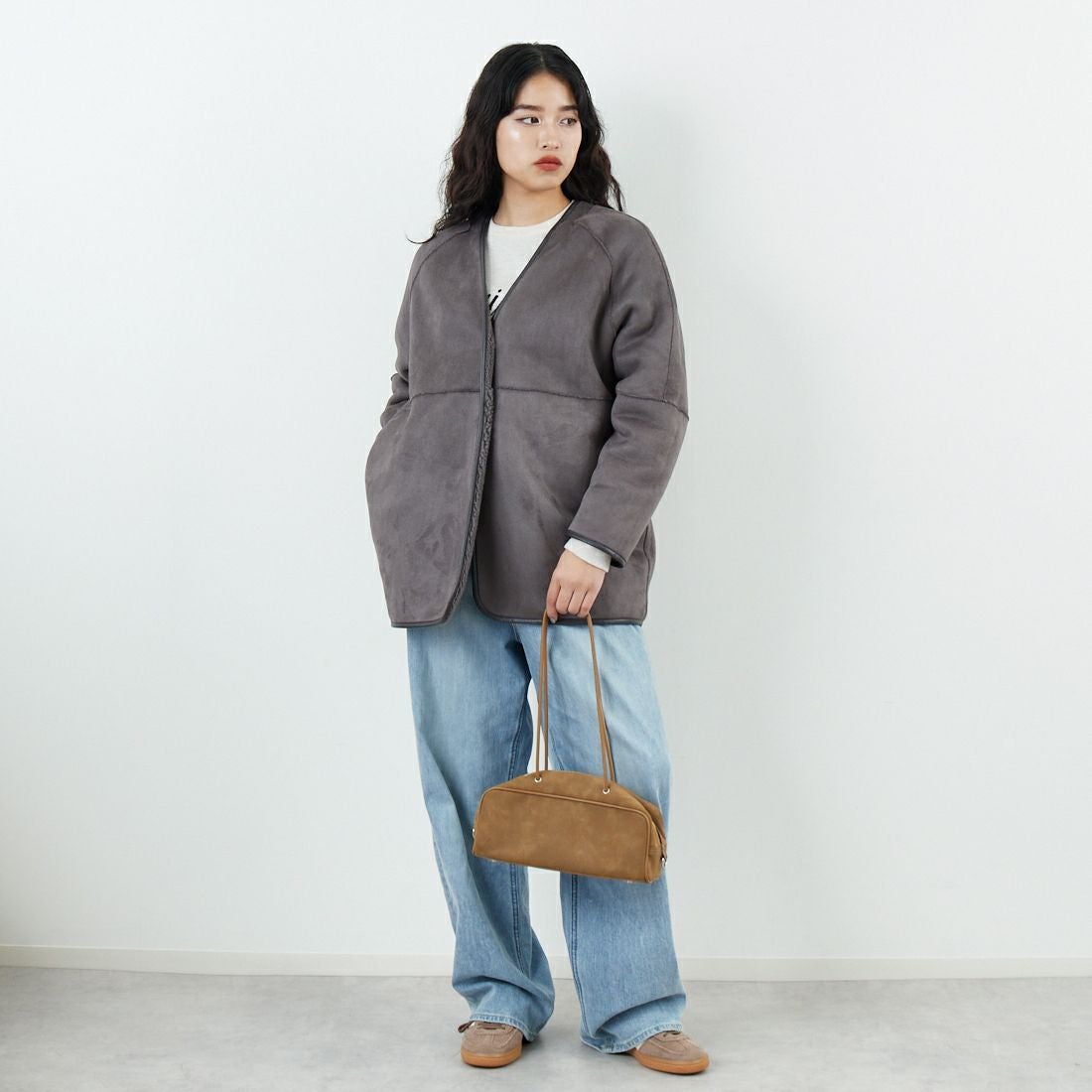 Jeans Factory Clothes [ジーンズファクトリークローズ] ボアスエードリバーシブルコート [275-38775] 08 ﾁｬｺｰﾙ &&モデル身長：162cm 着用サイズ：F&&