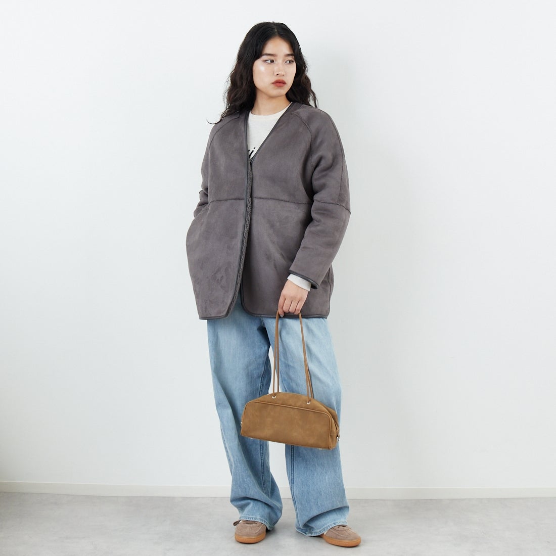 Jeans Factory Clothes [ジーンズファクトリークローズ] ボアスエードリバーシブルコート [275-38775] 08 ﾁｬｺｰﾙ &&モデル身長：162cm 着用サイズ：F&&