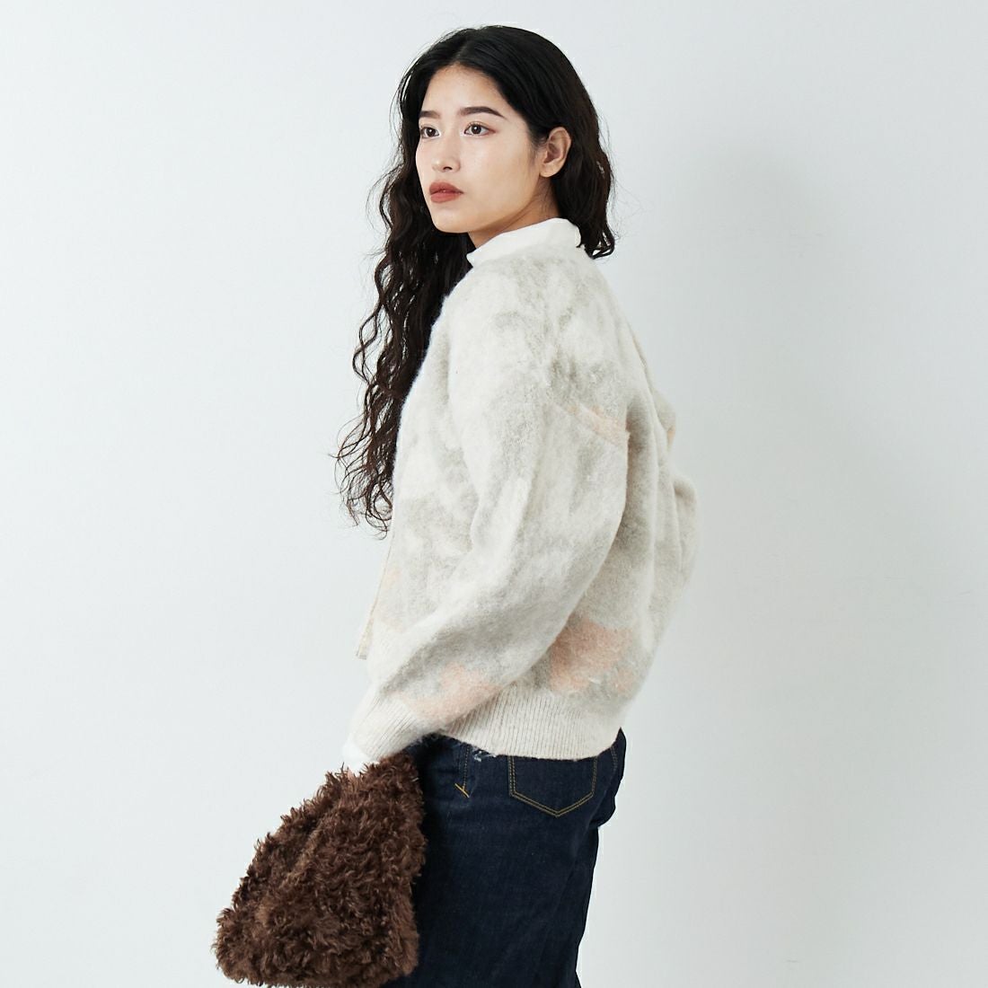 Jf Ready Made [ジェイエフレディメイド] にじみ柄Vネックカーディガン [3109236] 342 ﾋﾟﾝｸ &&モデル身長：162cm 着用サイズ：F&&