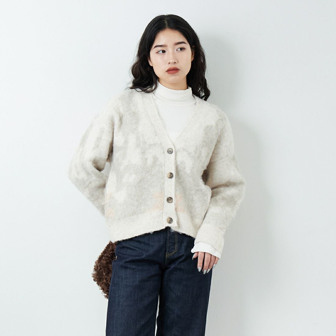 Jf Ready Made [ジェイエフレディメイド] にじみ柄Vネックカーディガン [3109236] 342 ﾋﾟﾝｸ &&モデル身長：162cm 着用サイズ：F&&