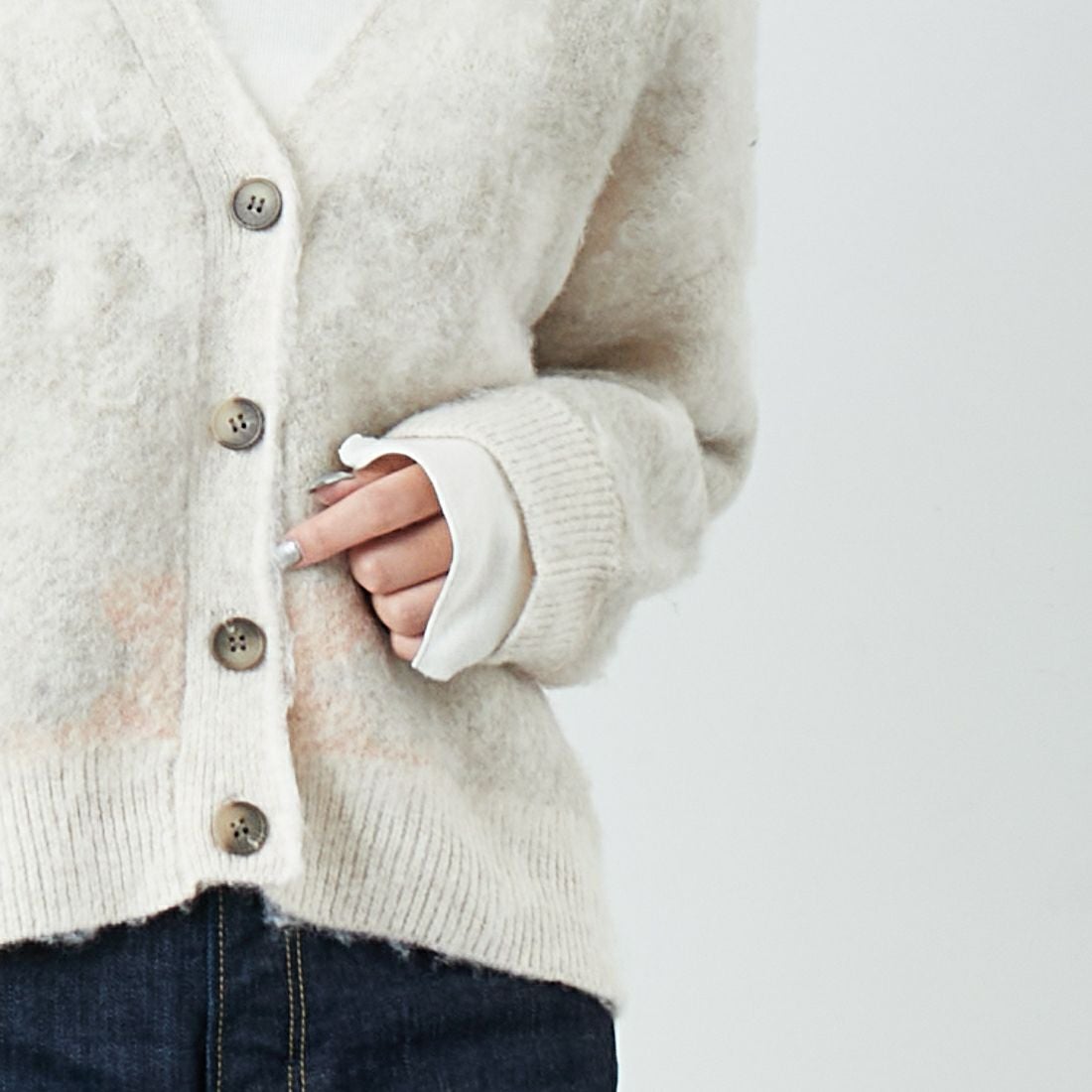 Jf Ready Made [ジェイエフレディメイド] にじみ柄Vネックカーディガン [3109236] 342 ﾋﾟﾝｸ &&モデル身長：162cm 着用サイズ：F&&