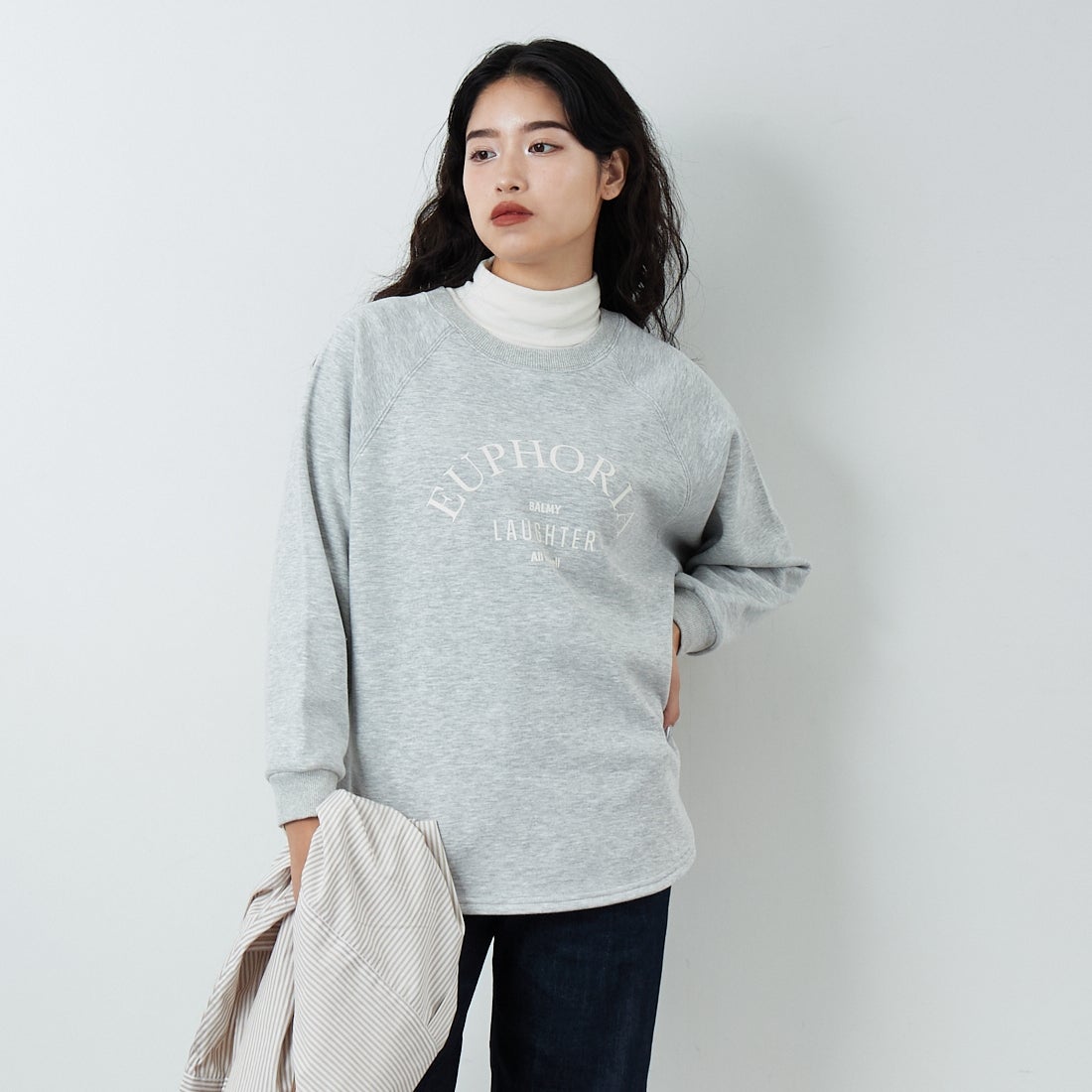 Jf Ready Made [ジェイエフレディメイド] 裏起毛プリントプルオーバー [3109151] 821 ﾓｸｸﾞﾚｰ &&モデル身長：162cm 着用サイズ：F&&