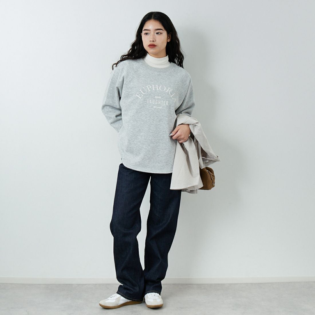 Jf Ready Made [ジェイエフレディメイド] 裏起毛プリントプルオーバー [3109151] 821 ﾓｸｸﾞﾚｰ &&モデル身長：162cm 着用サイズ：F&&