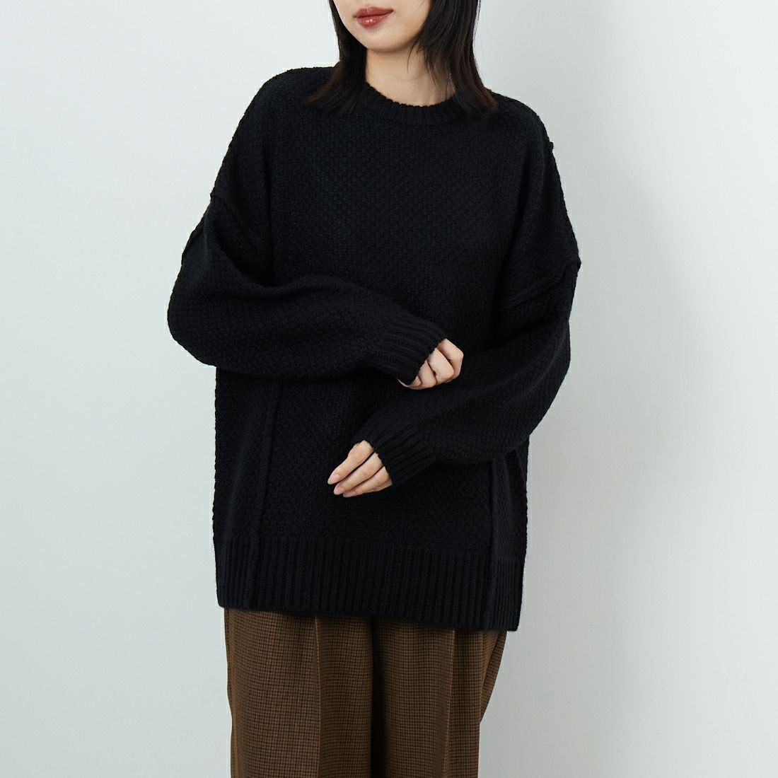 Jf Ready Made [ジェイエフレディメイド] 切替デザインクルーネックニット [3109206] 801 ﾌﾞﾗｯｸ &&モデル身長：162cm 着用サイズ：F&&