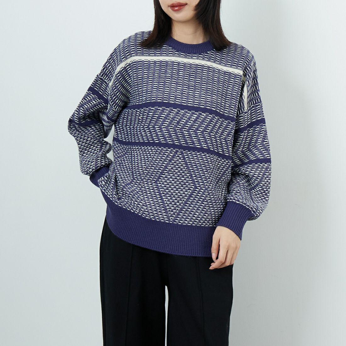 Jf Ready Made [ジェイエフレディメイド] ジャガードニットクルーネックプルオーバー [3109207] 569 ﾌﾞﾙｰ &&モデル身長：162cm 着用サイズ：F&&