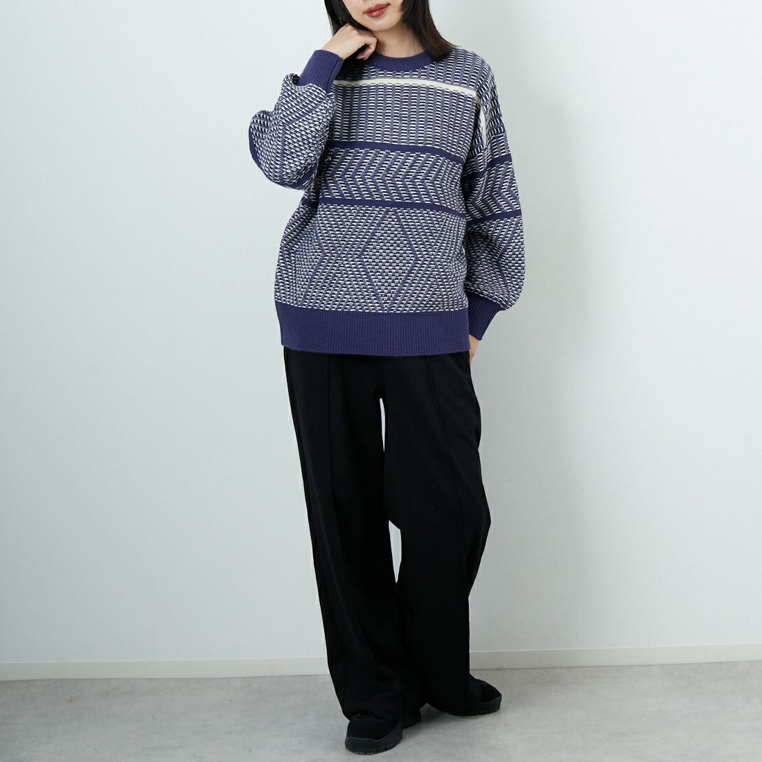 Jf Ready Made [ジェイエフレディメイド] ジャガードニットクルーネックプルオーバー [3109207] 569 ﾌﾞﾙｰ &&モデル身長：162cm 着用サイズ：F&&