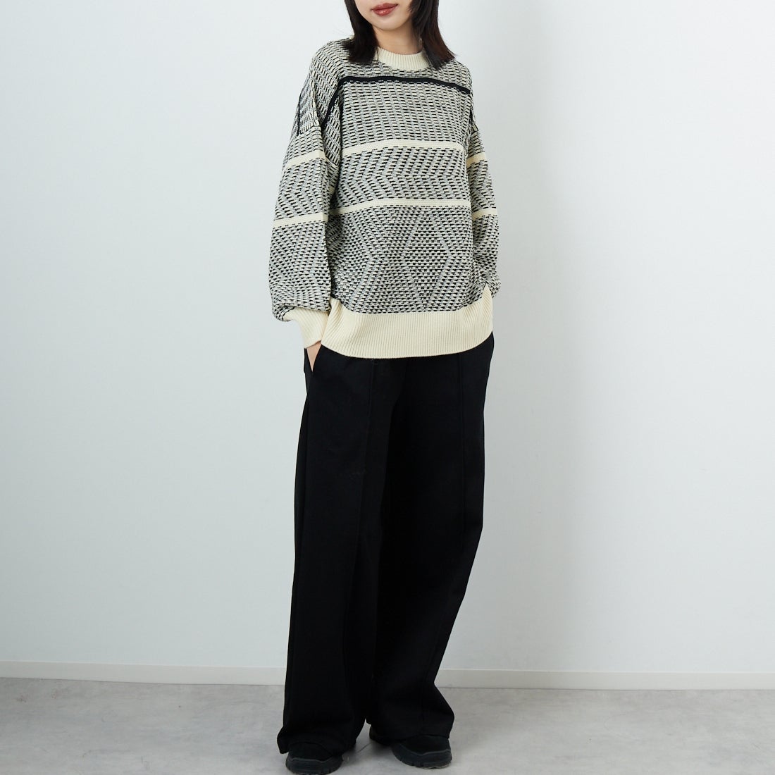 Jf Ready Made [ジェイエフレディメイド] ジャガードニットクルーネックプルオーバー [3109207] 180 ｷﾅﾘ &&モデル身長：162cm 着用サイズ：F&&