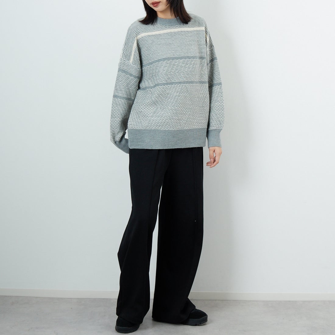 Jf Ready Made [ジェイエフレディメイド] ジャガードニットクルーネックプルオーバー [3109207] 859 ｸﾞﾚｰ &&モデル身長：162cm 着用サイズ：F&&