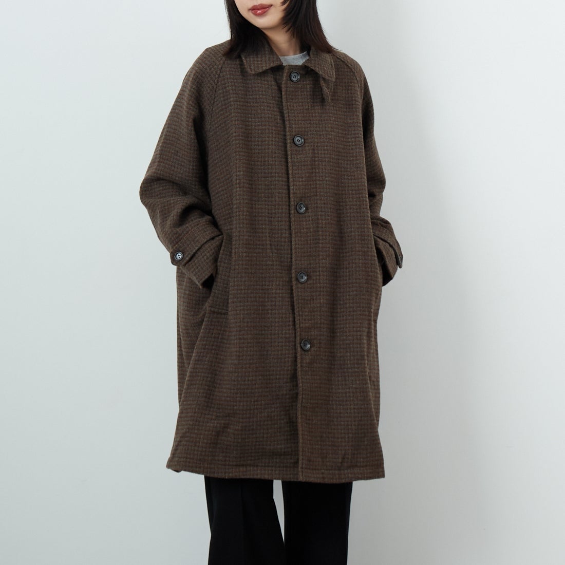 Jeans Factory Clothes [ジーンズファクトリークローズ] ワイドステンカラーミドルコート [831031IN] CHECK &&モデル身長：162cm 着用サイズ：F&&