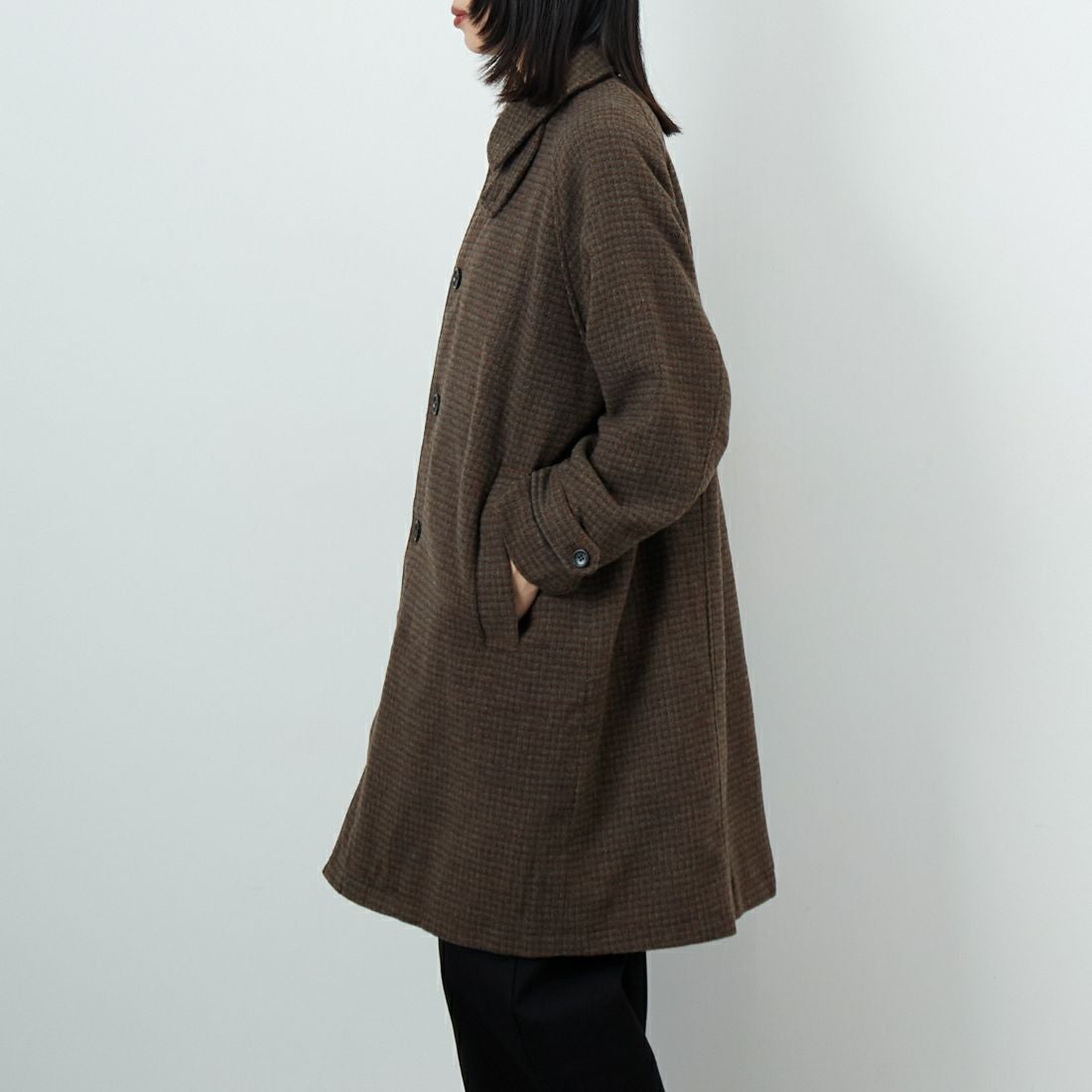 Jeans Factory Clothes [ジーンズファクトリークローズ] ワイドステンカラーミドルコート [831031IN] CHECK &&モデル身長：162cm 着用サイズ：F&&