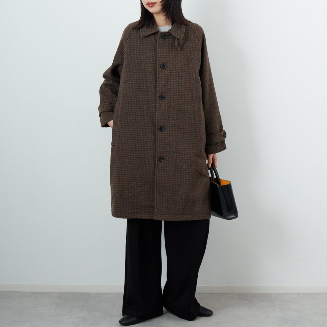 Jeans Factory Clothes [ジーンズファクトリークローズ] ワイドステンカラーミドルコート [831031IN] CHECK &&モデル身長：162cm 着用サイズ：F&&