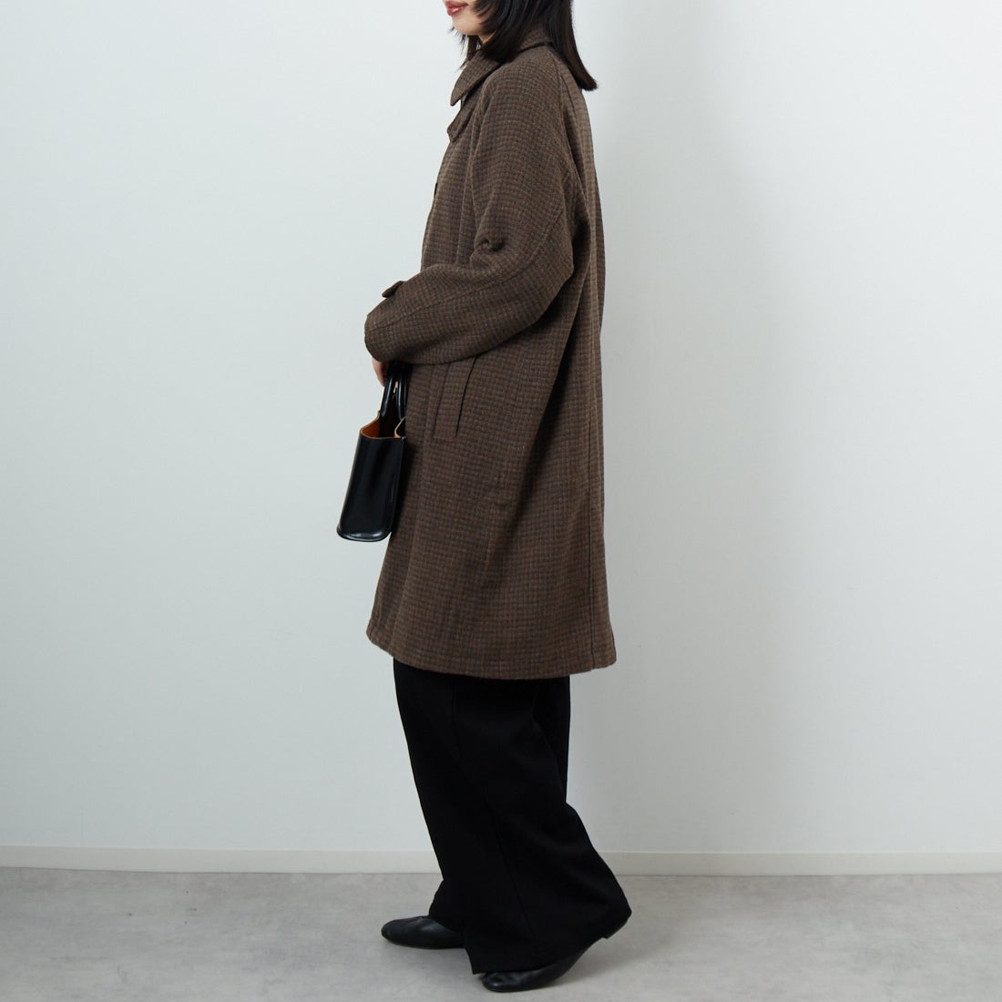 Jeans Factory Clothes [ジーンズファクトリークローズ] ワイドステンカラーミドルコート [831031IN] CHECK &&モデル身長：162cm 着用サイズ：F&&