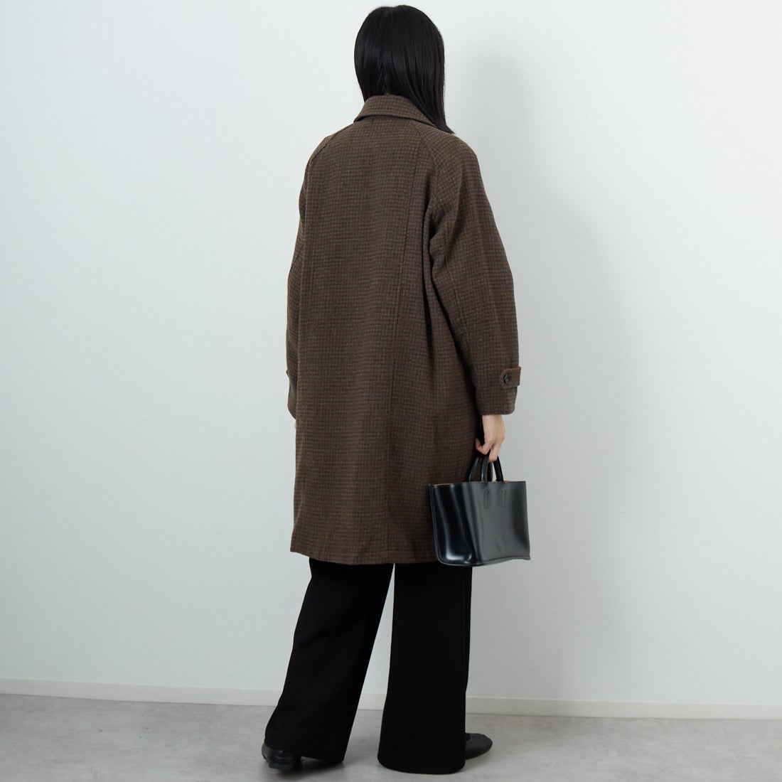 Jeans Factory Clothes [ジーンズファクトリークローズ] ワイドステンカラーミドルコート [831031IN] CHECK &&モデル身長：162cm 着用サイズ：F&&