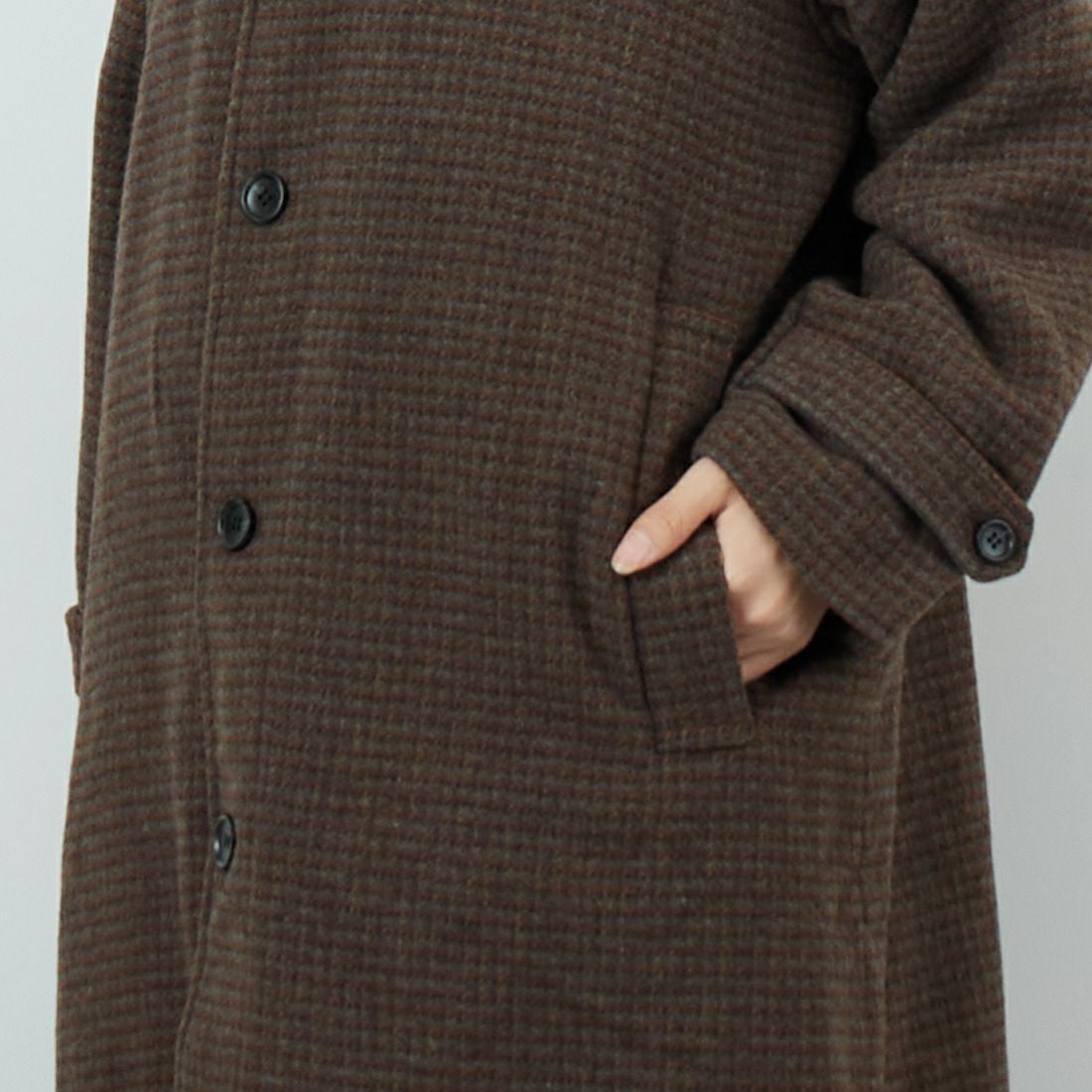 Jeans Factory Clothes [ジーンズファクトリークローズ] ワイドステンカラーミドルコート [831031IN] CHECK &&モデル身長：162cm 着用サイズ：F&&