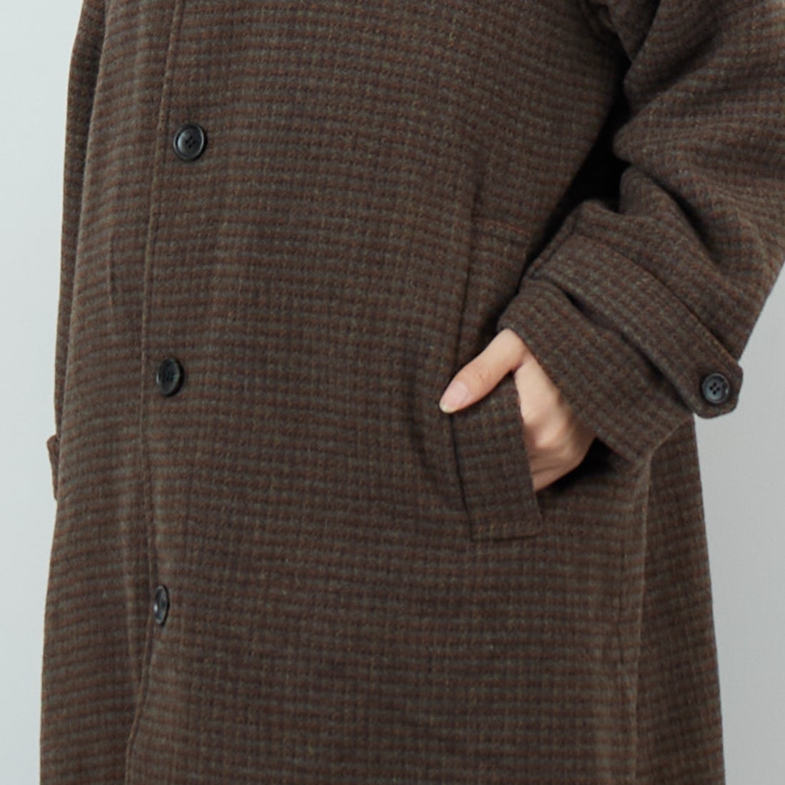 Jeans Factory Clothes [ジーンズファクトリークローズ] ワイドステンカラーミドルコート [831031IN] CHECK &&モデル身長：162cm 着用サイズ：F&&